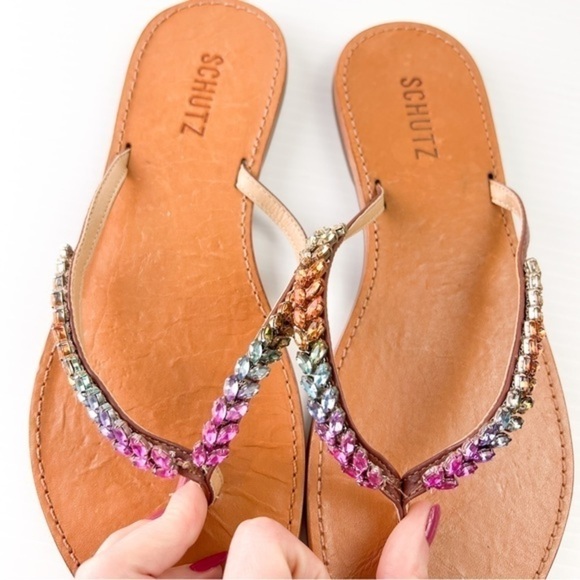Schutz Belle Nappa Leather Crystal-Embellished Thong Sandal womens size 8.5 - Picture 4 of 8